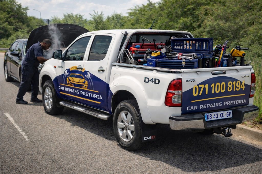 Car Repairs Pretoria branded bakkie loaded with tools at a roadside callout